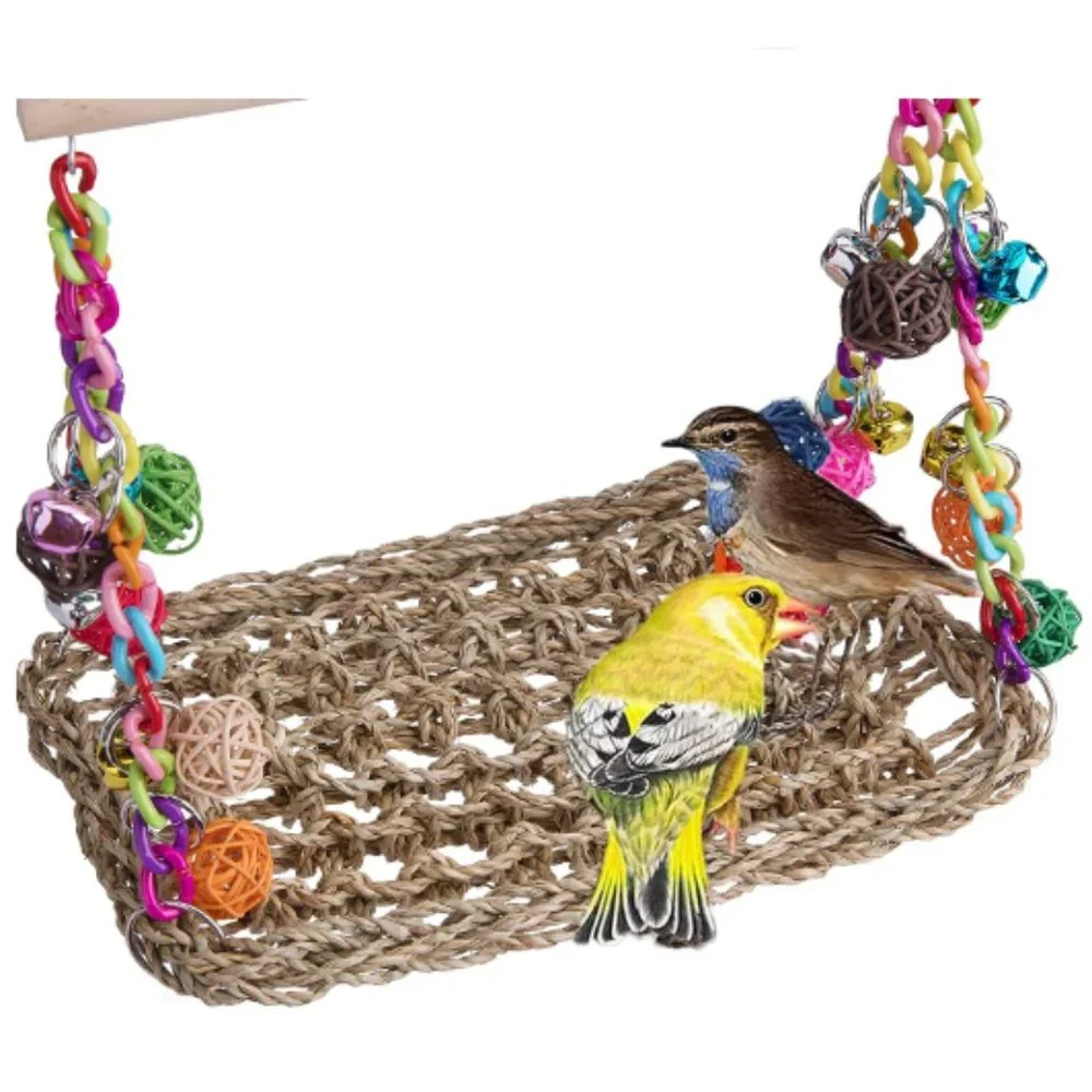 Woven-Seagrass Bird Hammock - Bird Swing Toys w/ Wood Perch